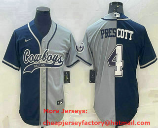 Men's Dallas Cowboys #4 Dak Prescott Navy Blue Grey Two Tone With Patch Cool Base Stitched Baseball Jersey