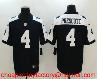 Men's Dallas Cowboys #4 Dak Prescott Navy Blue Thanksgiving 2017 Vapor Untouchable Stitched NFL Nike Limited Jersey