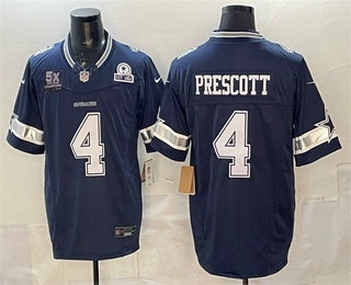 Men's Dallas Cowboys #4 Dak Prescott Navy FUSE 5x Super Bowl Champions Patch Vapor Limited Stitched Jersey