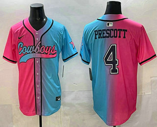 Men's Dallas Cowboys #4 Dak Prescott Pink Blue Split Limited Baseball Jersey
