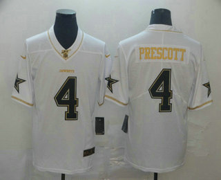 Men's Dallas Cowboys #4 Dak Prescott White 100th Season Golden Edition Jersey