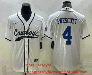 Men's Dallas Cowboys #4 Dak Prescott White With Patch Cool Base Stitched Baseball Jersey