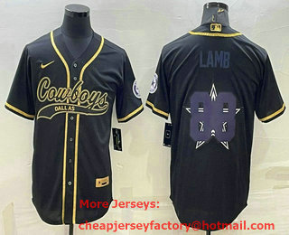 Men's Dallas Cowboys #88 CeeDee Lamb Black Gold Team Big Logo With Patch Cool Base Stitched Baseball Jersey