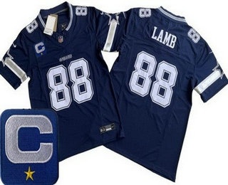 Men's Dallas Cowboys #88 CeeDee Lamb Limited Navy Captain Patch FUSE Vapor Jersey