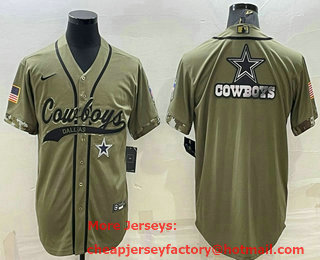 Men's Dallas Cowboys Olive Salute to Service Team Big Logo Cool Base Stitched Baseball Jersey
