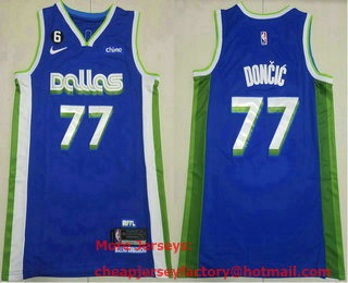 Men's Dallas Mavericks #77 Luka Doncic 2022 Blue City Edition With 6 Patch Stitched Jersey With Sponsor