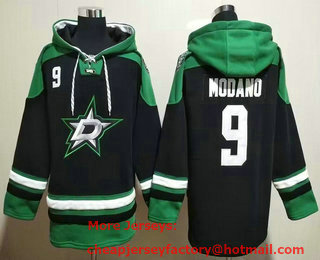 Men's Dallas Stars #9 Mike Modano Black Green Lace Up Pullover Hoodie