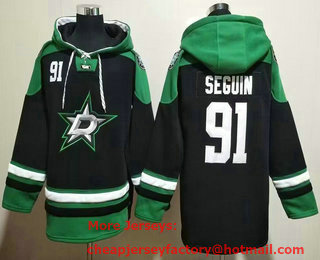Men's Dallas Stars #91 Tyler Seguin Black Green Lace Up Pullover Hoodie