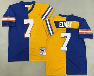 Men's Denver Broncos #7 John Elway Blue Yellow 1990 Split Throwback Jersey