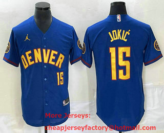 Men's Denver Nuggets #15 Nikola Jokic Blue With Patch Stitched Baseball Jersey