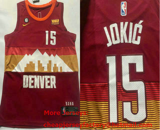 Men's Denver Nuggets #15 Nikola Jokic Red  6 Patch Sponsor 2023 City Edition Swingman Jersey