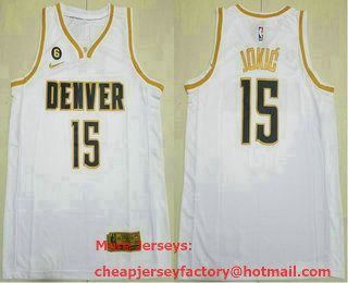 Men's Denver Nuggets #15 Nikola Jokic White Gold 2023 Finals 6 Patch Icon Sponsor Swingman Jersey