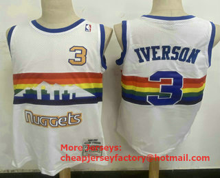 Men's Denver Nuggets #3 Allen Iverson White Hardwood Classics Soul Swingman Stitched NBA Throwback Jersey