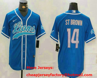 Men's Detroit Lions #14 Amon Ra St Brown Blue Grey Cool Base Stitched Baseball Jersey