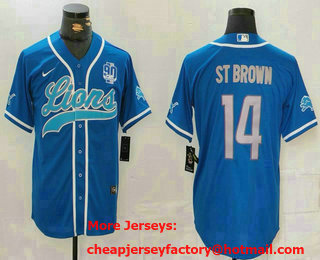 Men's Detroit Lions #14 Amon Ra St Brown Blue Grey With 90th Patch Cool Base Stitched Baseball Jersey