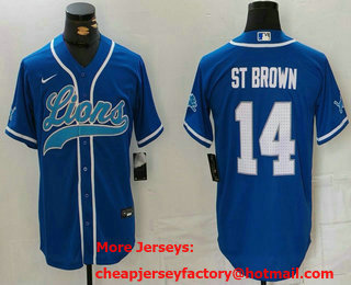 Men's Detroit Lions #14 Amon Ra St Brown Blue White Cool Base Stitched Baseball Jersey