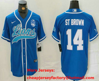 Men's Detroit Lions #14 Amon Ra St Brown Blue White With 90th Patch Cool Base Stitched Baseball Jersey