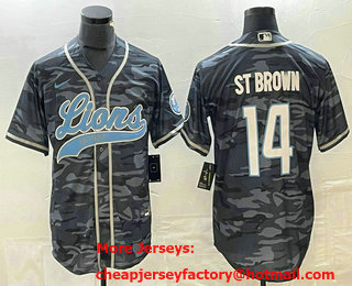 Men's Detroit Lions #14 Amon Ra St Brown Grey Camo With Patch Cool Base Stitched Baseball Jersey