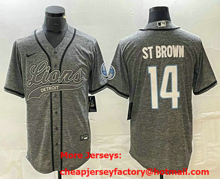 Men's Detroit Lions #14 Amon Ra St Brown Grey Gridiron With Patch Cool Base Stitched Baseball Jersey