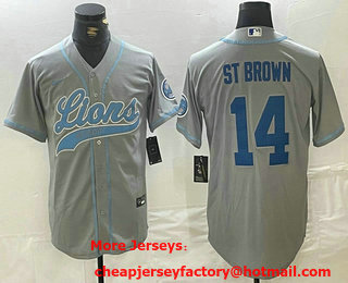 Men's Detroit Lions #14 Amon Ra St Brown Grey With Patch Cool Base Stitched Baseball Jersey