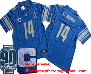 Men's Detroit Lions #14 Amon Ra St Brown Limited Blue C Patch 90th Season FUSE Vapor Jersey