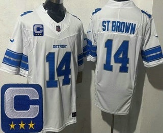 Men's Detroit Lions #14 Amon Ra St Brown Limited White 2025 Captain Patch FUSE Vapor Jersey