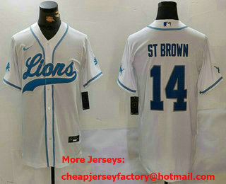 Men's Detroit Lions #14 Amon Ra St Brown White 2024 Cool Base Stitched Baseball Jersey