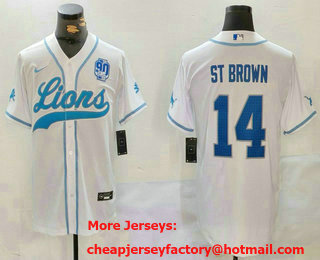 Men's Detroit Lions #14 Amon Ra St Brown White 2024 With 90th Patch Cool Base Stitched Baseball Jersey