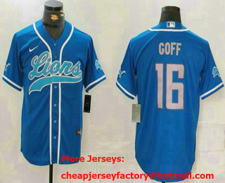 Men's Detroit Lions #16 Jared Goff Blue Grey Cool Base Stitched Baseball Jersey