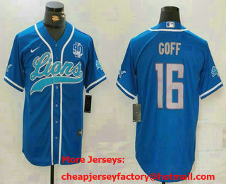 Men's Detroit Lions #16 Jared Goff Blue Grey With 90th Patch Cool Base Stitched Baseball Jersey