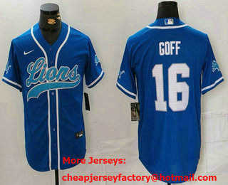 Men's Detroit Lions #16 Jared Goff Blue White Cool Base Stitched Baseball Jersey