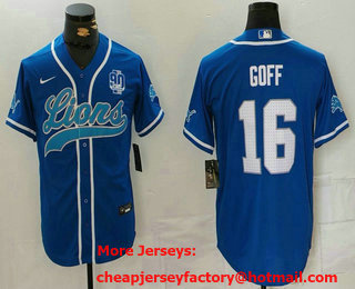 Men's Detroit Lions #16 Jared Goff Blue White With 90th Patch Cool Base Stitched Baseball Jersey