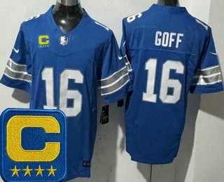 Men's Detroit Lions #16 Jared Goff Limited Blue 2025 Captain Patch FUSE Vapor Jersey