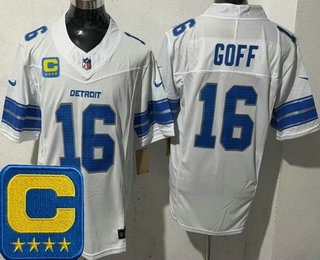 Men's Detroit Lions #16 Jared Goff Limited White 2025 Captain Patch FUSE Vapor Jersey
