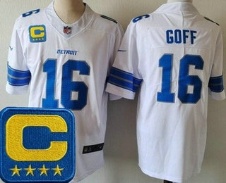 Men's Detroit Lions #16 Jared Goff Limited White 2025 Captain Patch Vapor Jersey