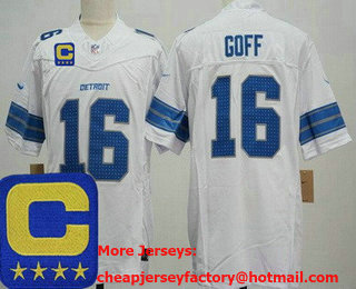 Men's Detroit Lions #16 Jared Goff Limited White C Patch FUSE Vapor Jersey