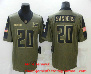 Men's Detroit Lions #20 Barry Sanders 2021 Olive Salute To Service Limited Stitched Jersey