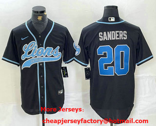 Men's Detroit Lions #20 Barry Sanders Black With Patch Cool Base Stitched Baseball Jersey