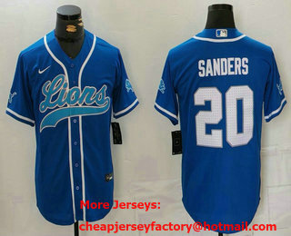 Men's Detroit Lions #20 Barry Sanders Blue White Cool Base Stitched Baseball Jersey 001