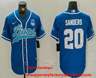 Men's Detroit Lions #20 Barry Sanders Blue White With 90th Patch Cool Base Stitched Baseball Jersey 002