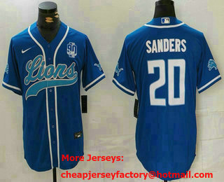 Men's Detroit Lions #20 Barry Sanders Blue White With 90th Patch Cool Base Stitched Baseball Jersey