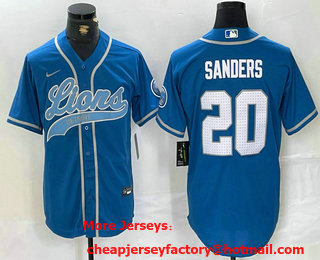 Men's Detroit Lions #20 Barry Sanders Blue With Patch Cool Base Stitched Baseball Jersey