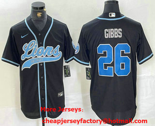 Men's Detroit Lions #26 Jahmyr Gibbs Black With Patch Cool Base Stitched Baseball Jersey