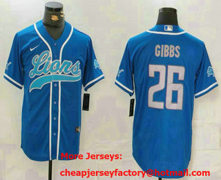 Men's Detroit Lions #26 Jahmyr Gibbs Blue Grey Cool Base Stitched Baseball Jersey