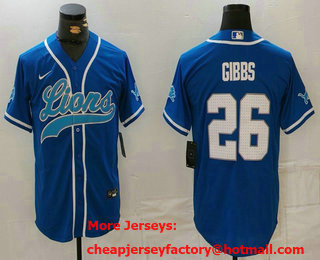Men's Detroit Lions #26 Jahmyr Gibbs Blue Grey White Cool Base Stitched Baseball Jersey
