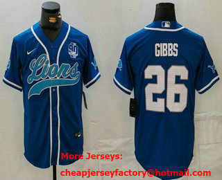 Men's Detroit Lions #26 Jahmyr Gibbs Blue Grey White With 90th Patch Cool Base Stitched Baseball Jersey