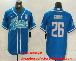 Men's Detroit Lions #26 Jahmyr Gibbs Blue Grey With 90th Patch Cool Base Stitched Baseball Jersey