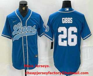 Men's Detroit Lions #26 Jahmyr Gibbs Blue With Patch Cool Base Stitched Baseball Jersey