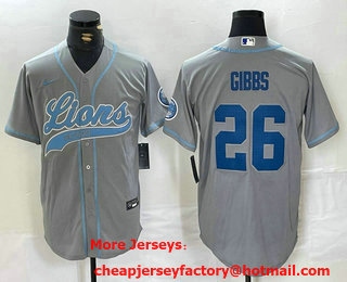 Men's Detroit Lions #26 Jahmyr Gibbs Grey With Patch Cool Base Stitched Baseball Jersey