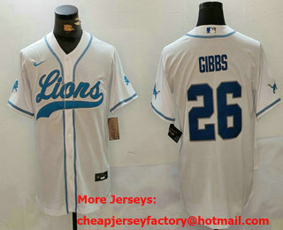 Men's Detroit Lions #26 Jahmyr Gibbs White Cool Base Stitched Baseball Jersey